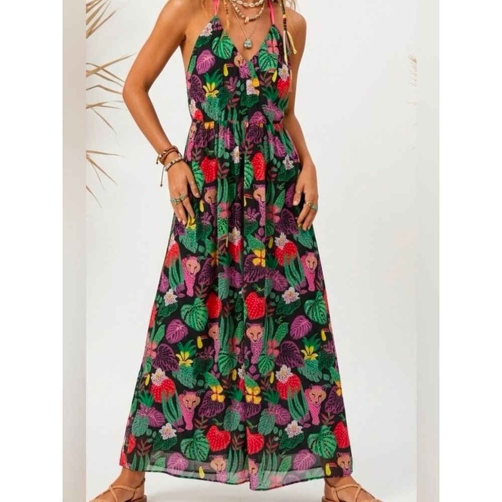 Betsey Johnson Paulina Tropical Mesh Halter Maxi Dress Small - Leopard Toucan